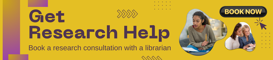 Get Research Help banner with images of people studying and button labeled 'BOOK NOW'. Click to make an appointment with a librarian.